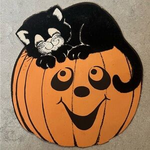 Vintage Flocked Black Cat on Pumpkin Halloween Die Cut 1960